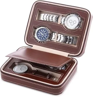 Elegant Large Watch Box Organizer for Men Women with 4 Slots, Transparent top, Portable Leather Watch Holder Mens Watches Case Storage Best Gift for The Husband, (Black,20.5X 10.5 x 8cm)