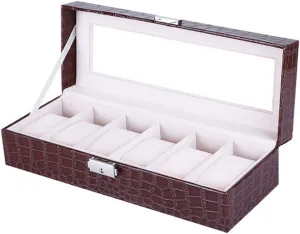 Elegant Large Watch Box Organizer for Men Women with 6 Slots, Transparent top, Portable Leather Watch Holder Mens Watches Case Storage Best Gift for The Husband, (30x 11 x 8cm)