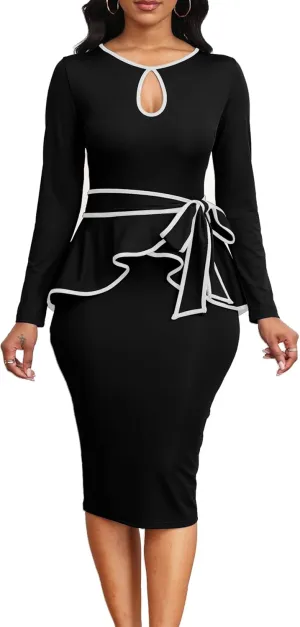 Elegant Peplum Dresses for Women Business Knee Length Vintage Bodycon Dresses