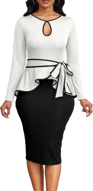 Elegant Peplum Dresses for Women Business Knee Length Vintage Bodycon Dresses