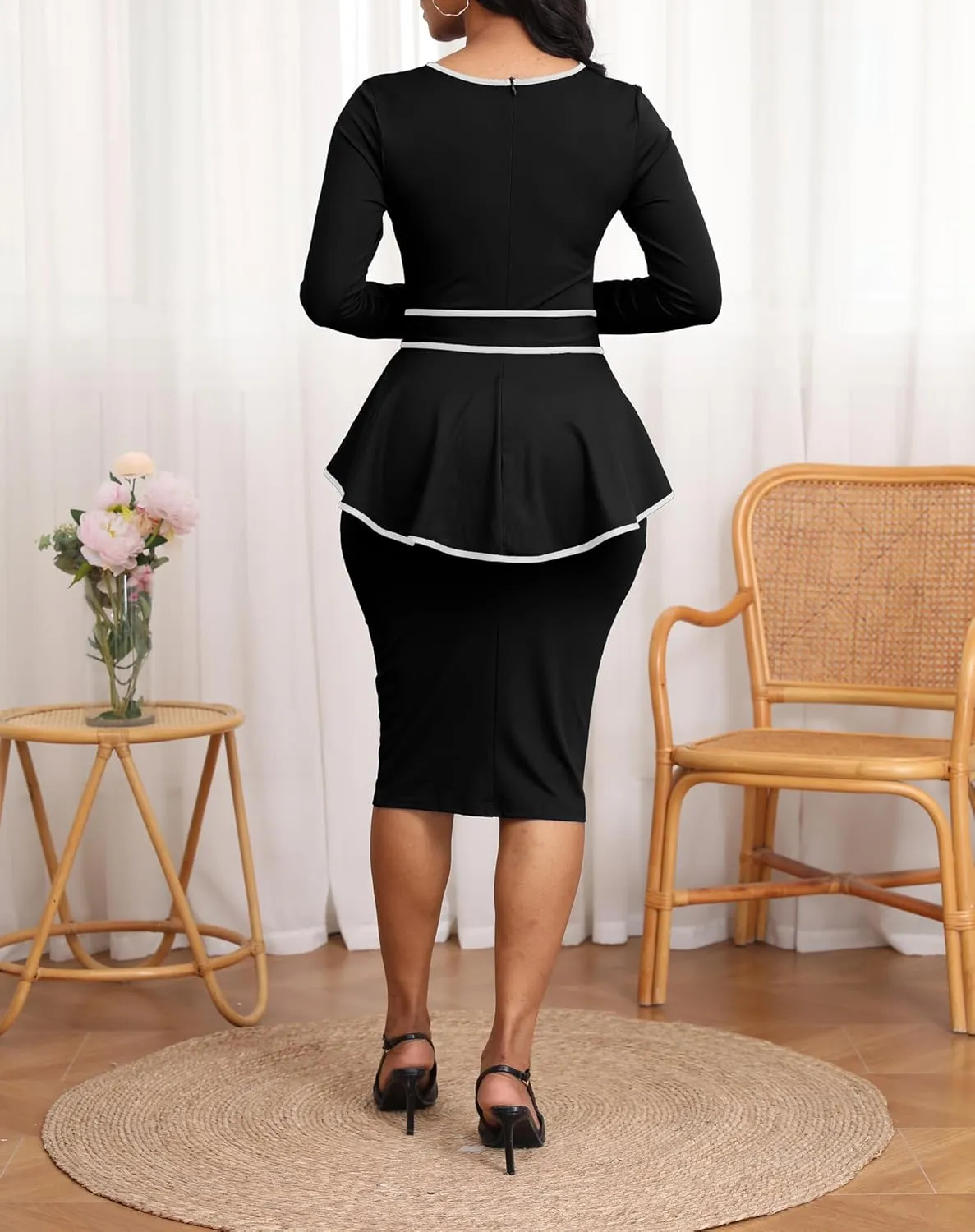 Elegant Peplum Dresses for Women Business Knee Length Vintage Bodycon Dresses