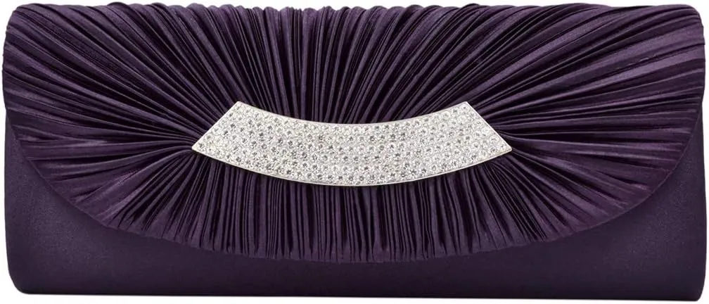 Elegant Pleated Satin Flap Crystal Clutch Evening Bag - Diff Colors Avail
