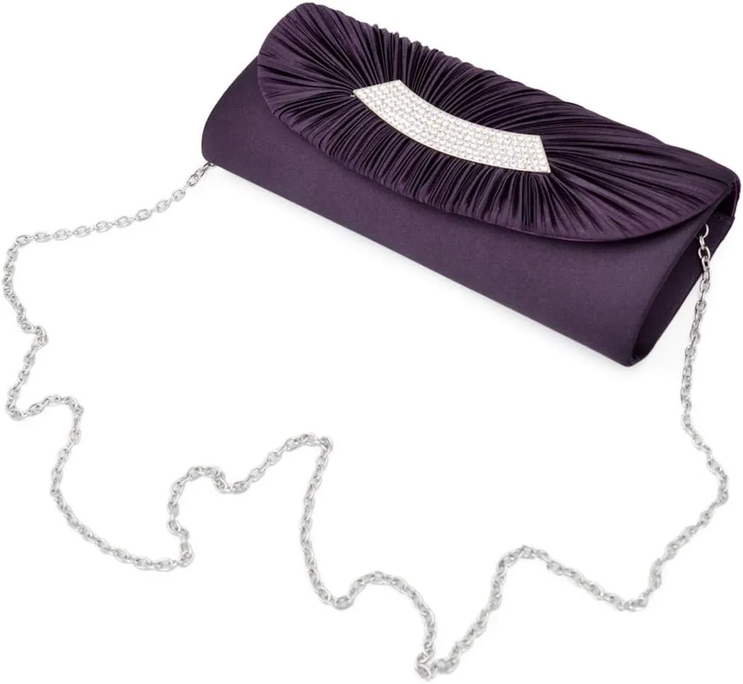 Elegant Pleated Satin Flap Crystal Clutch Evening Bag - Diff Colors Avail