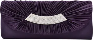 Elegant Pleated Satin Flap Crystal Clutch Evening Bag - Diff Colors Avail
