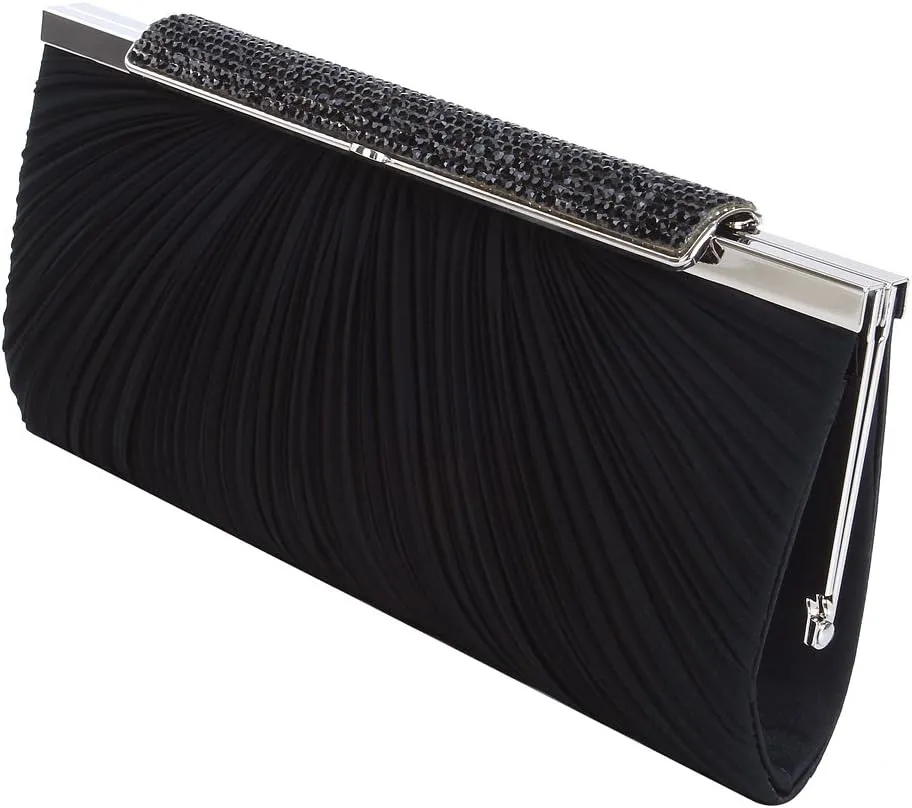 Elegant Pleated Satin w/Crystal Top Hard Frame Clutch Evening Bag - Diff Colors