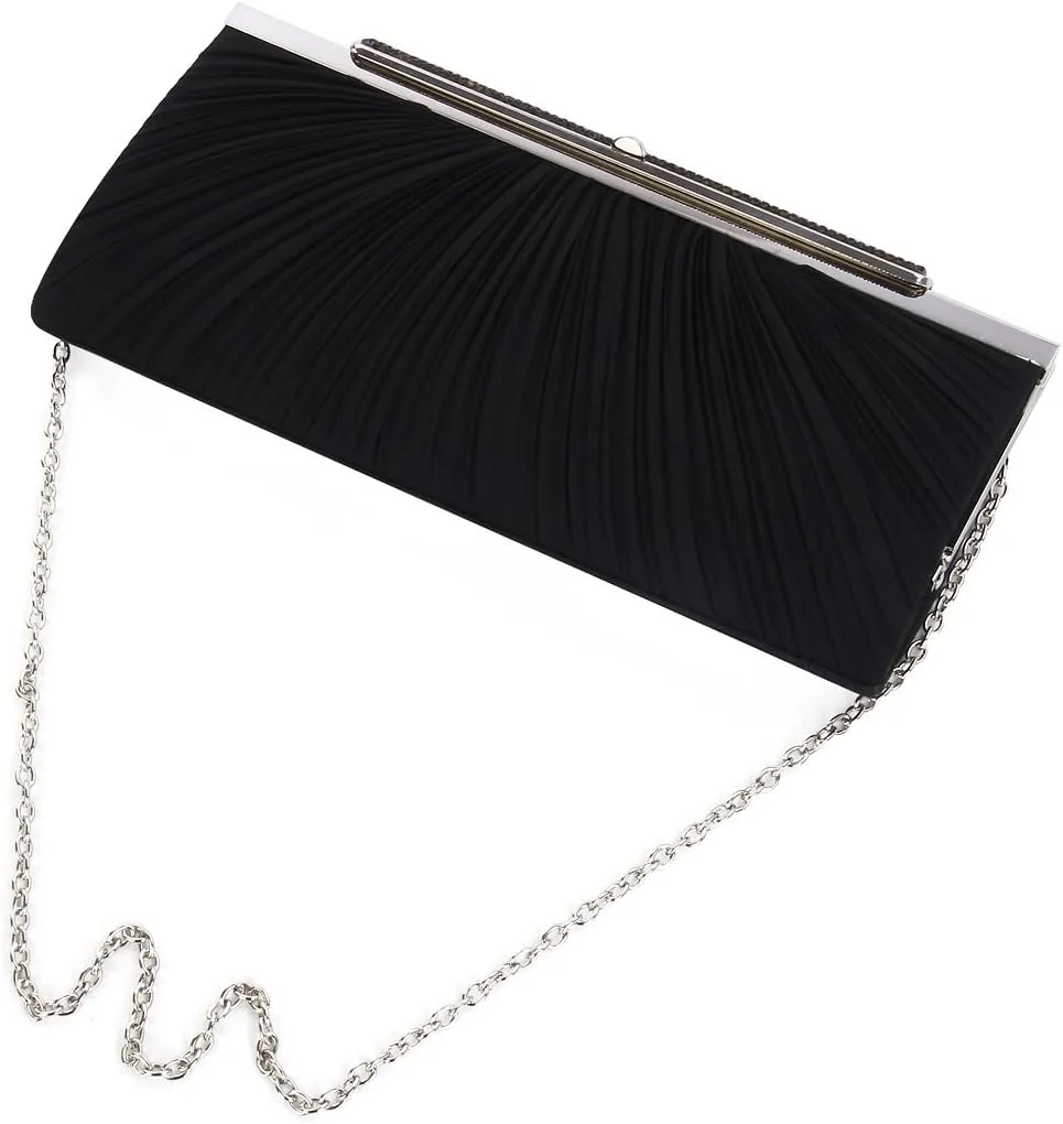 Elegant Pleated Satin w/Crystal Top Hard Frame Clutch Evening Bag - Diff Colors