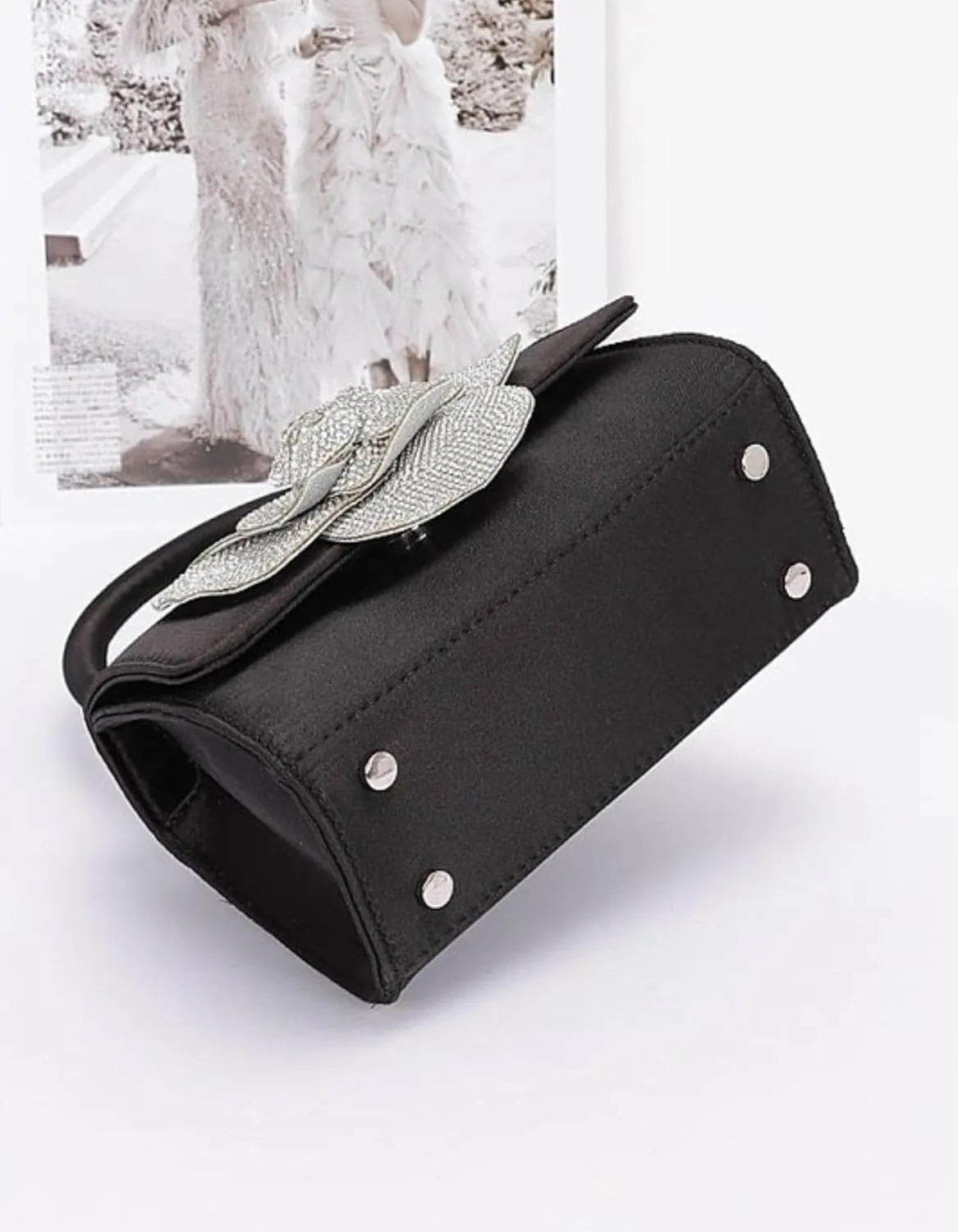Elegant Rhinestone Flower Satin Clutch Bag Evening Top Handle Purse for Women, Sparkly Wedding Handbag with Chain Strap