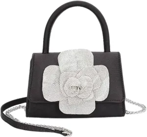 Elegant Rhinestone Flower Satin Clutch Bag Evening Top Handle Purse for Women, Sparkly Wedding Handbag with Chain Strap