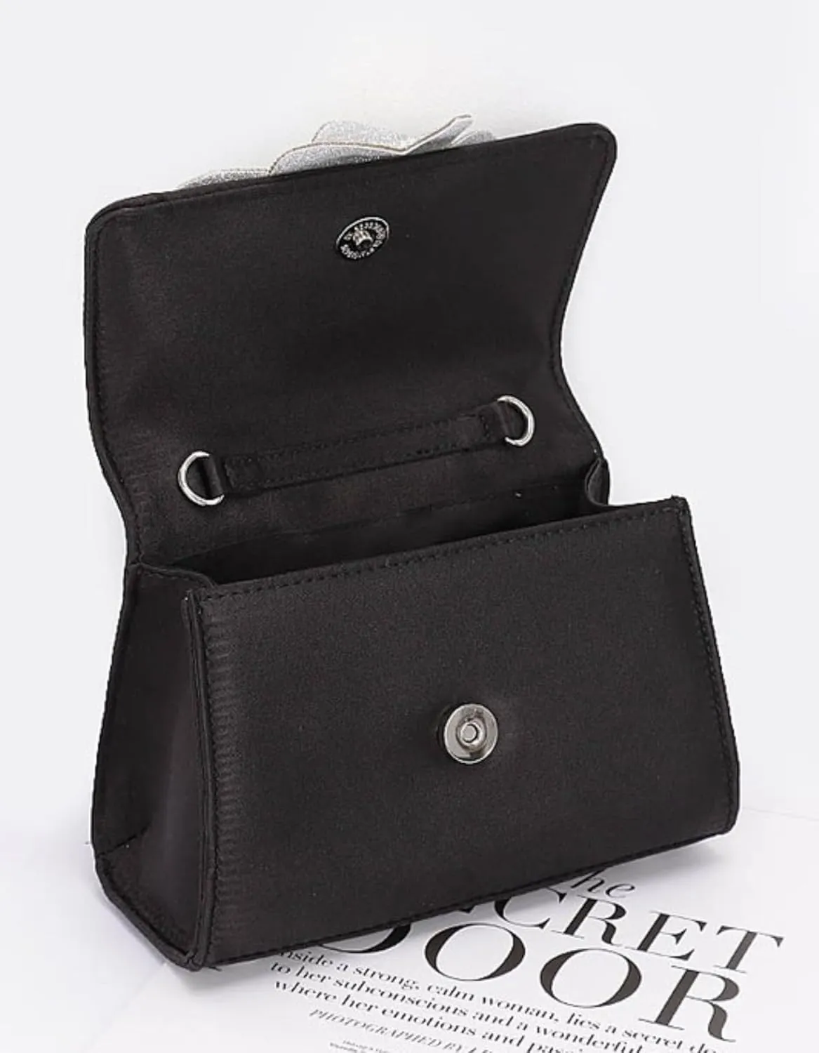 Elegant Rhinestone Flower Satin Clutch Bag Evening Top Handle Purse for Women, Sparkly Wedding Handbag with Chain Strap