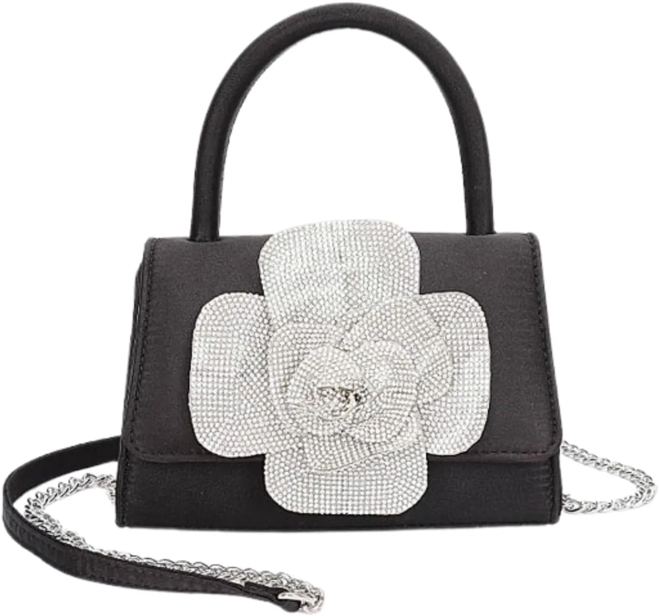 Elegant Rhinestone Flower Satin Clutch Bag Evening Top Handle Purse for Women, Sparkly Wedding Handbag with Chain Strap