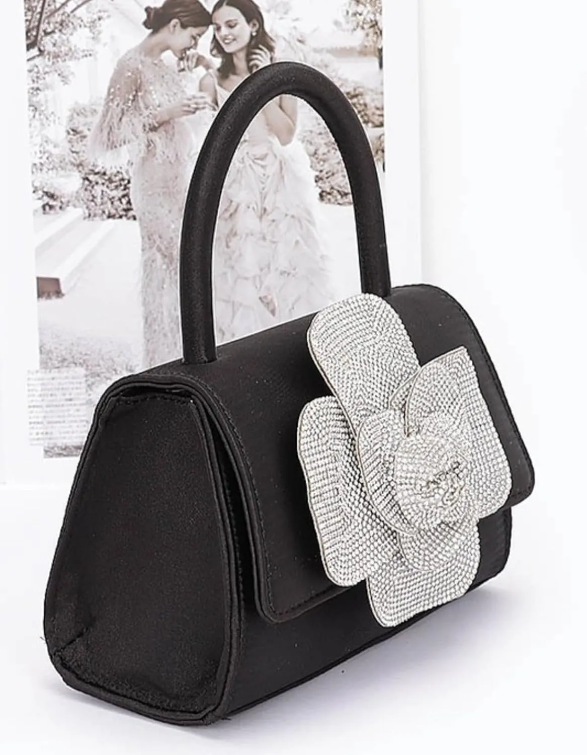 Elegant Rhinestone Flower Satin Clutch Bag Evening Top Handle Purse for Women, Sparkly Wedding Handbag with Chain Strap