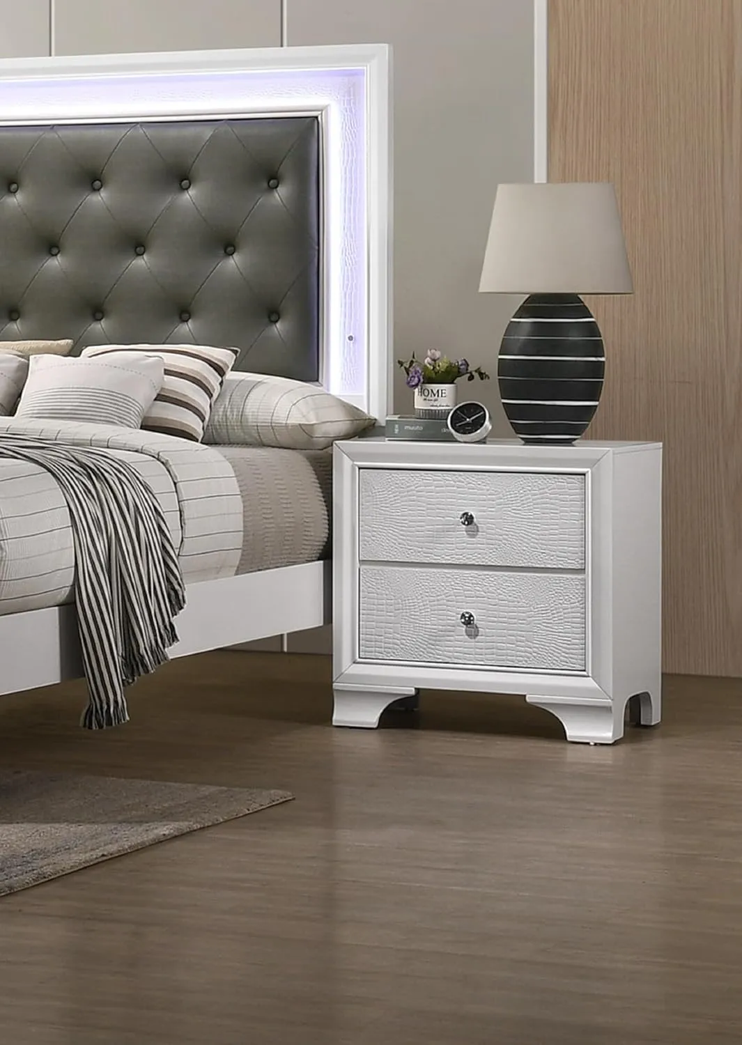 Elegant Two Drawer Nightstand for Cozy Rest Spaces, Modern Glam Design with Embossed Texture, Crisp White Finish