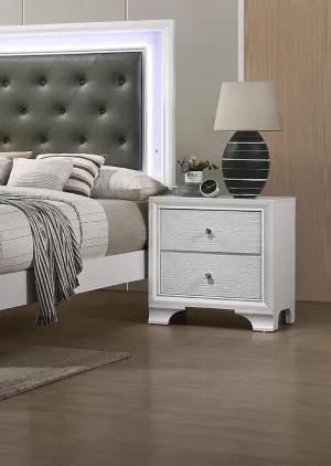 Elegant Two Drawer Nightstand for Cozy Rest Spaces, Modern Glam Design with Embossed Texture, Crisp White Finish