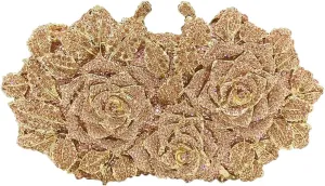 Elegant Women Rose Flower Rhinestone Clutch Handbag Crystal Evening Bag Chain Purse for Wedding Party Cocktail