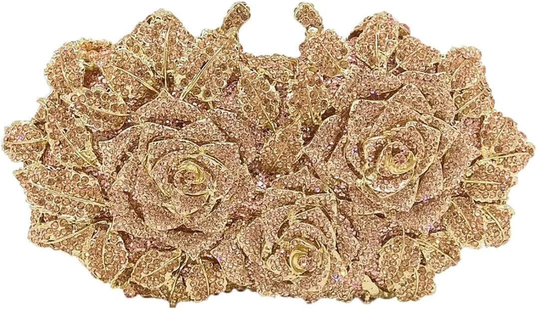 Elegant Women Rose Flower Rhinestone Clutch Handbag Crystal Evening Bag Chain Purse for Wedding Party Cocktail