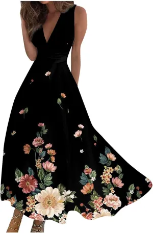 Elegant Women's Floral Maxi Dress Sleeveless V-Neck Evening Gown with Print for Summer Parties