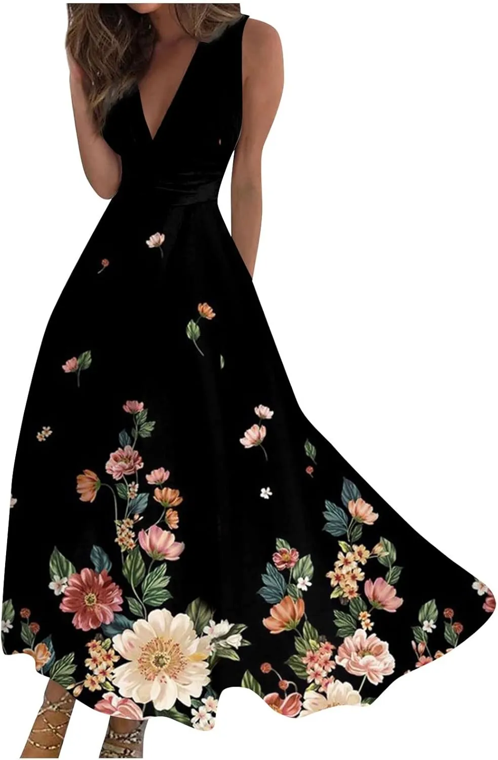 Elegant Women's Floral Maxi Dress Sleeveless V-Neck Evening Gown with Print for Summer Parties