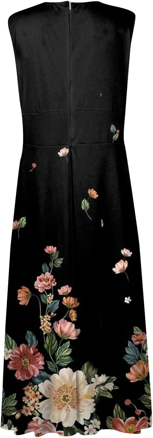 Elegant Women's Floral Maxi Dress Sleeveless V-Neck Evening Gown with Print for Summer Parties
