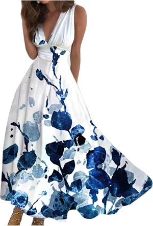 Elegant Women's Floral Maxi Dress Sleeveless V-Neck Evening Gown with Print for Summer Parties