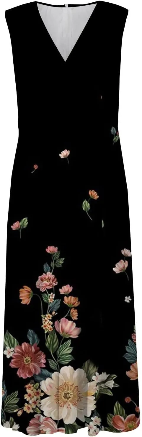 Elegant Women's Floral Maxi Dress Sleeveless V-Neck Evening Gown with Print for Summer Parties