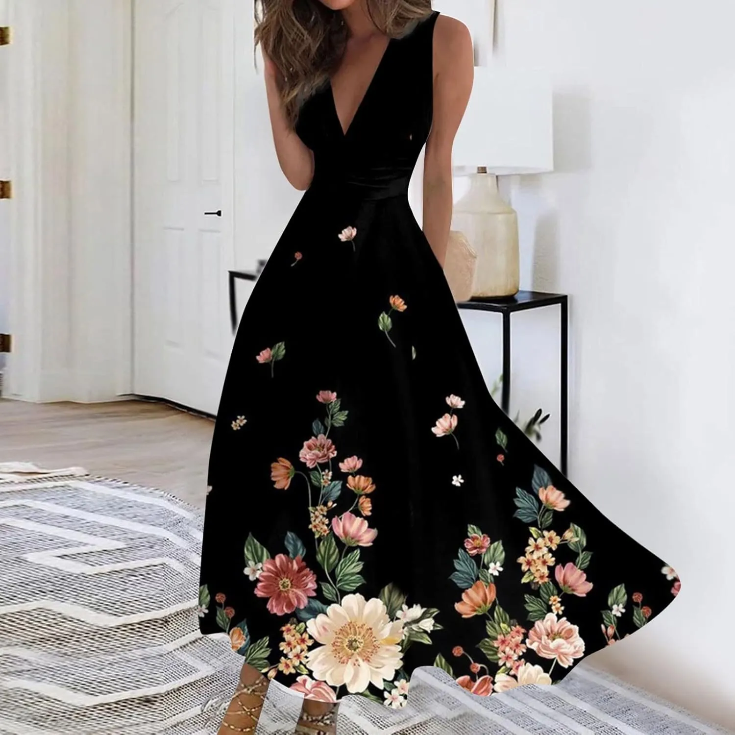 Elegant Women's Floral Maxi Dress Sleeveless V-Neck Evening Gown with Print for Summer Parties