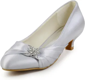 ELEGANTPARK Closed Toe Shoes for Women Low Heel Comfortable Wedding Shoes for Bride Satin Rhinestones Bridal Evening Prom Dress Pumps