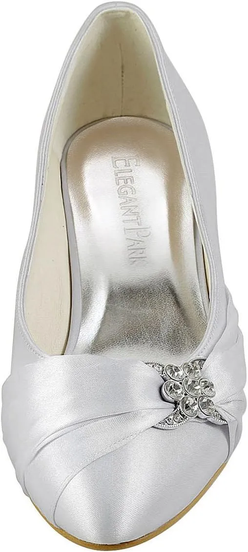 ELEGANTPARK Closed Toe Shoes for Women Low Heel Comfortable Wedding Shoes for Bride Satin Rhinestones Bridal Evening Prom Dress Pumps