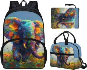Elephant Boys Bookbag with Lunch Box 3rd to 6th Grade Boy School Backpack for Boys 8-12 Simple Soft Lunch Bag Kids Boy for Middle School Secondary Schools