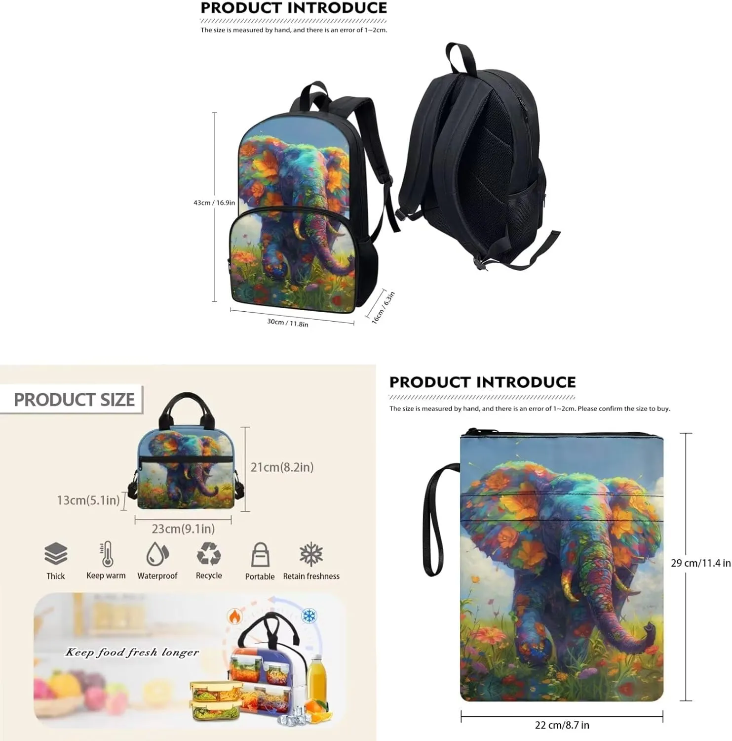 Elephant Boys Bookbag with Lunch Box 3rd to 6th Grade Boy School Backpack for Boys 8-12 Simple Soft Lunch Bag Kids Boy for Middle School Secondary Schools