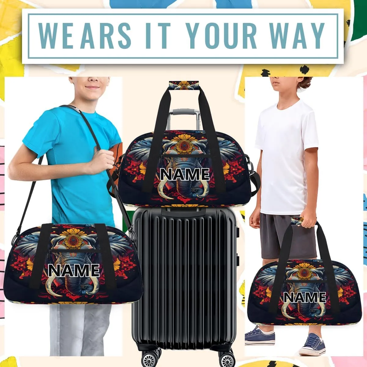 Elephant Custom Small Gym Bag 18 inch for Women Men Personalized Mandala Floral Elephant Carry On Overnight Weekender Bag for Travel Work Dance Sport