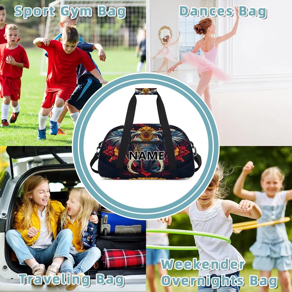 Elephant Custom Small Gym Bag 18 inch for Women Men Personalized Mandala Floral Elephant Carry On Overnight Weekender Bag for Travel Work Dance Sport
