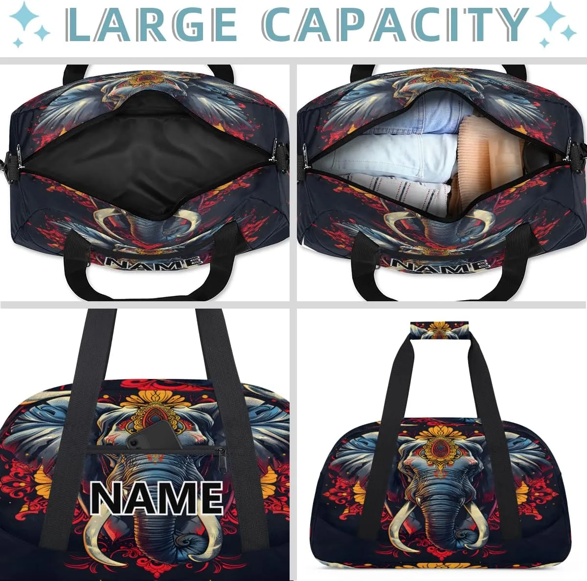 Elephant Custom Small Gym Bag 18 inch for Women Men Personalized Mandala Floral Elephant Carry On Overnight Weekender Bag for Travel Work Dance Sport