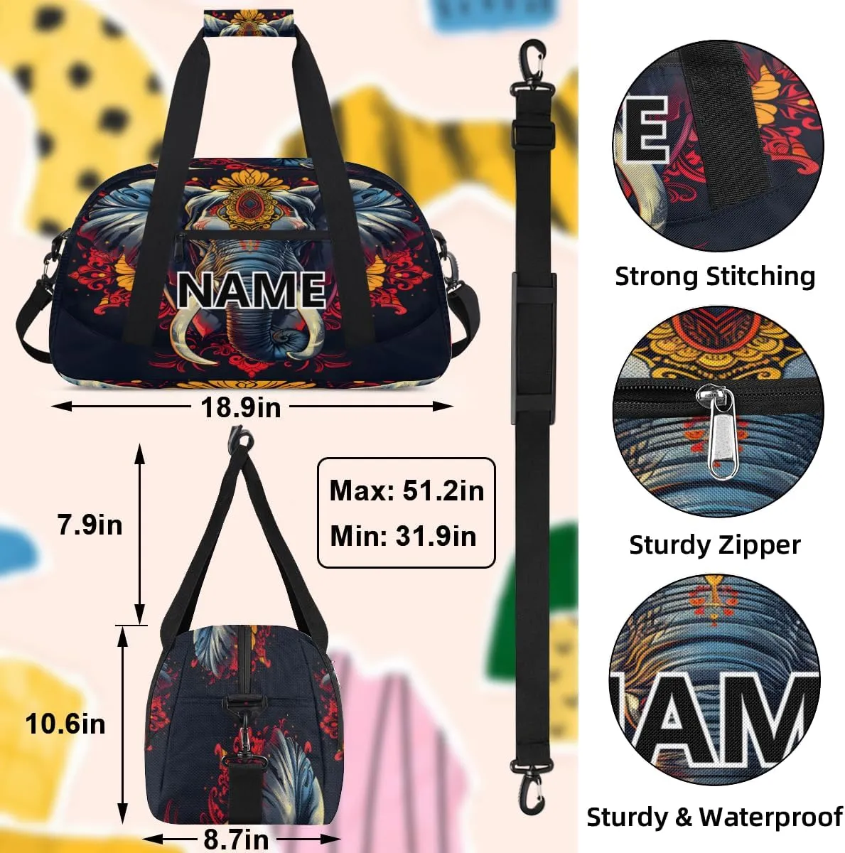 Elephant Custom Small Gym Bag 18 inch for Women Men Personalized Mandala Floral Elephant Carry On Overnight Weekender Bag for Travel Work Dance Sport