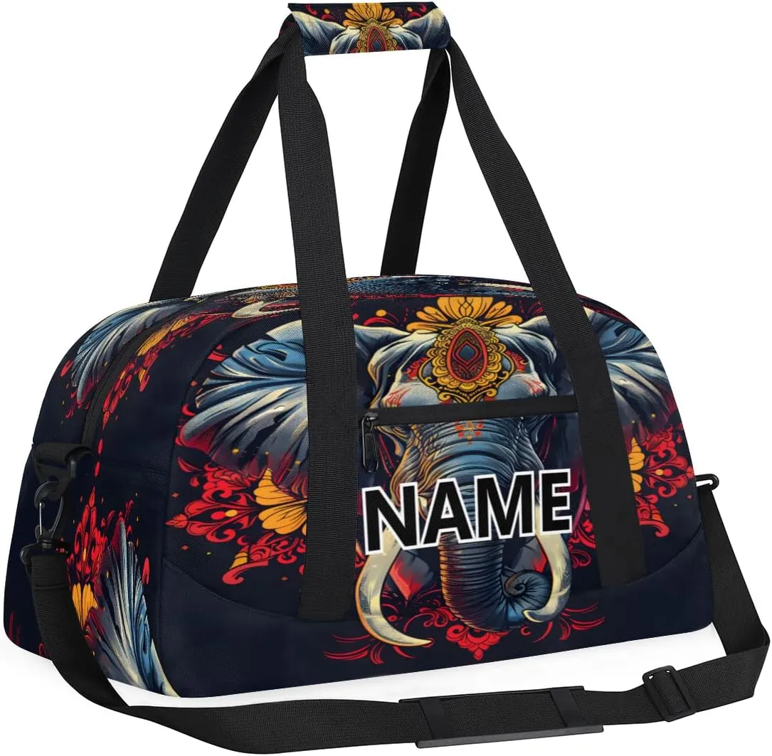 Elephant Custom Small Gym Bag 18 inch for Women Men Personalized Mandala Floral Elephant Carry On Overnight Weekender Bag for Travel Work Dance Sport