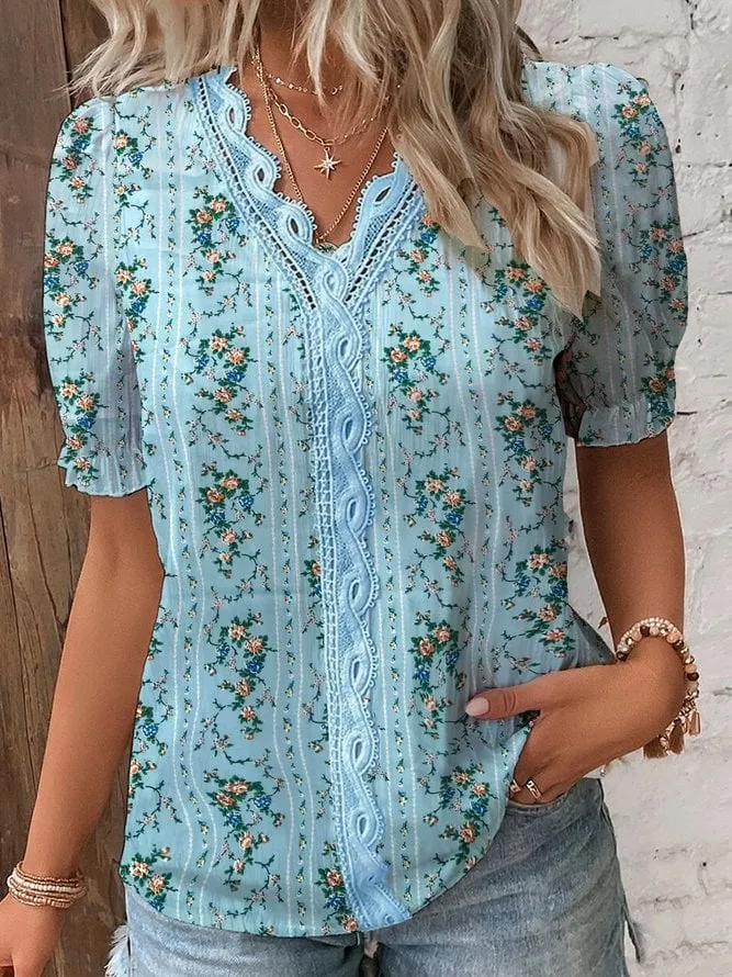 Elis™ V Neck Plain Lace Elegant Shirt