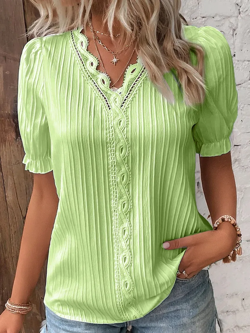 Elis™ V Neck Plain Lace Elegant Shirt