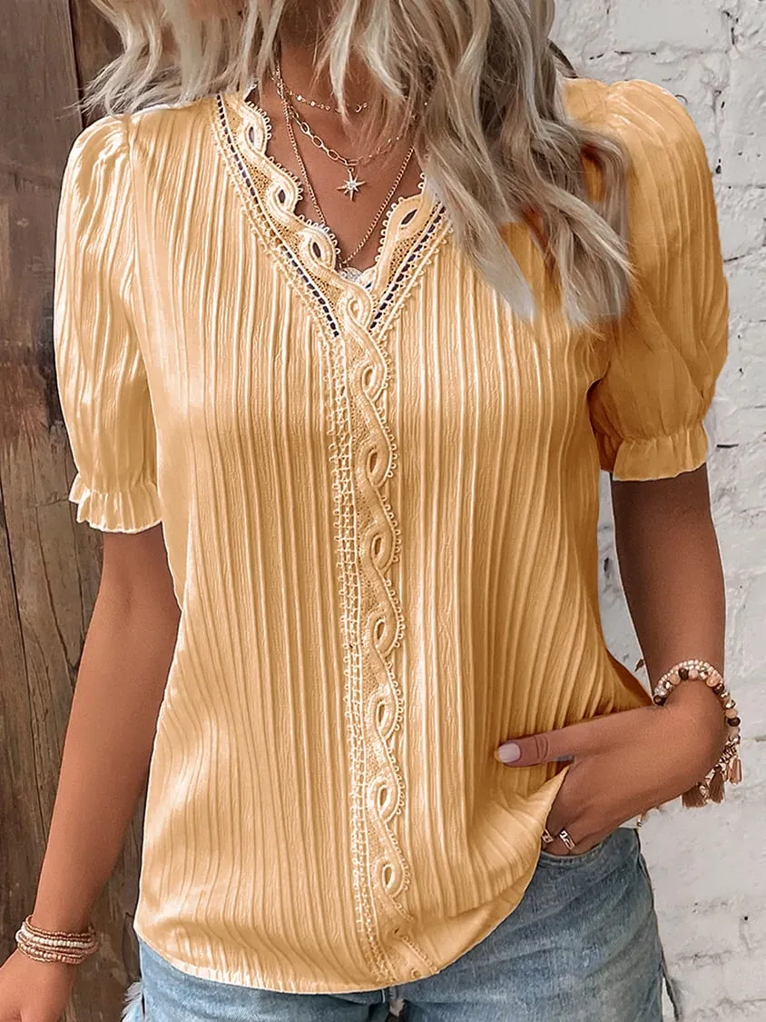 Elis™ V Neck Plain Lace Elegant Shirt