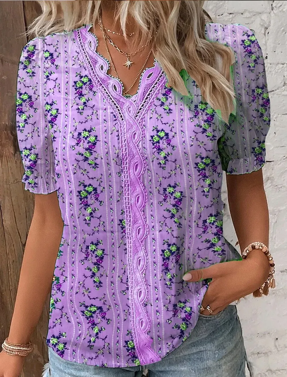 Elis™ V Neck Plain Lace Elegant Shirt
