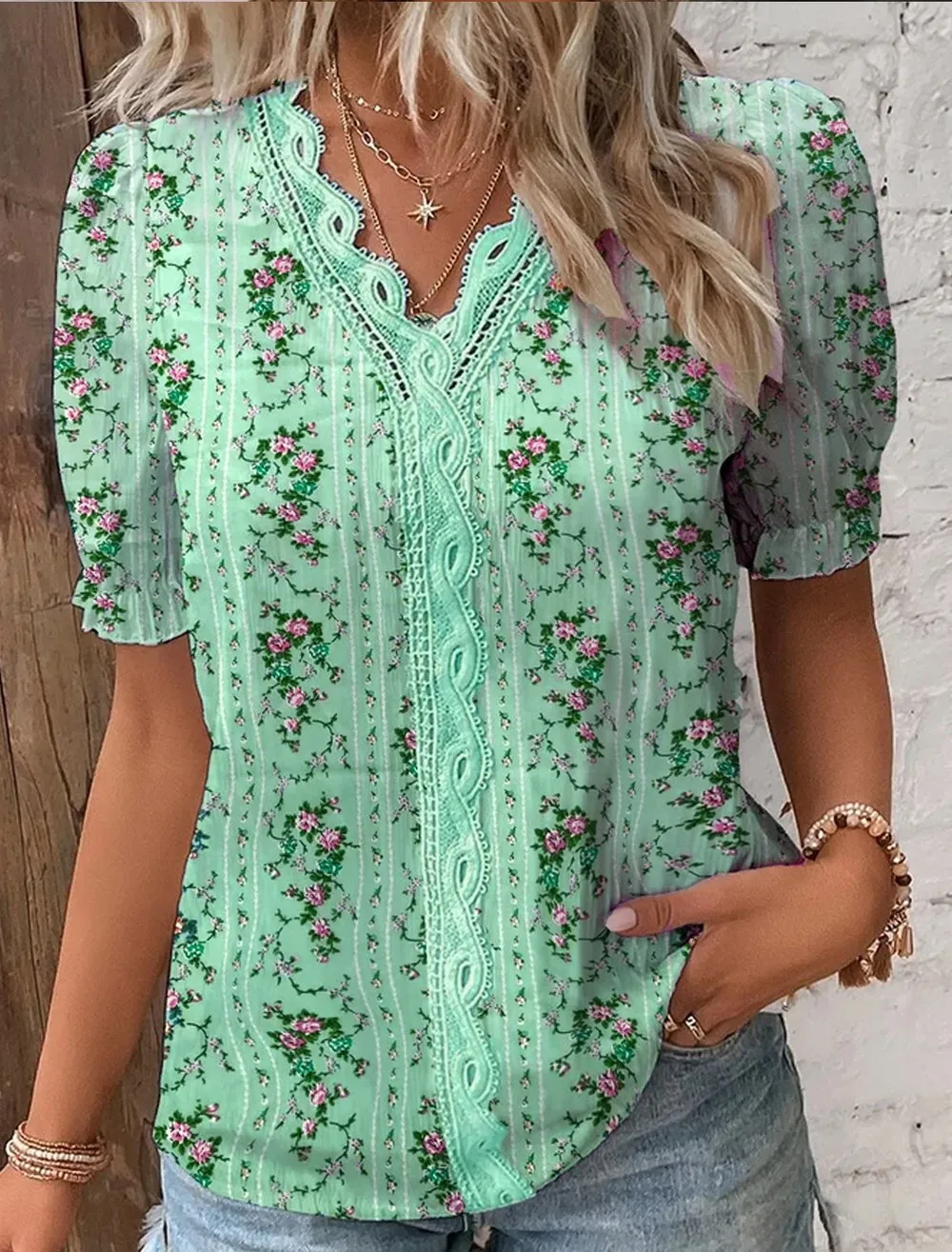Elis™ V Neck Plain Lace Elegant Shirt