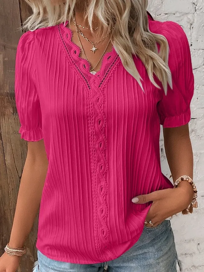 Elis™ V Neck Plain Lace Elegant Shirt