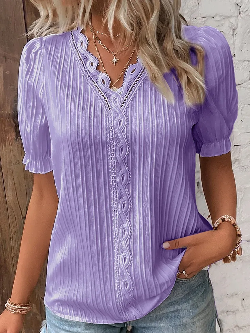 Elis™ V Neck Plain Lace Elegant Shirt