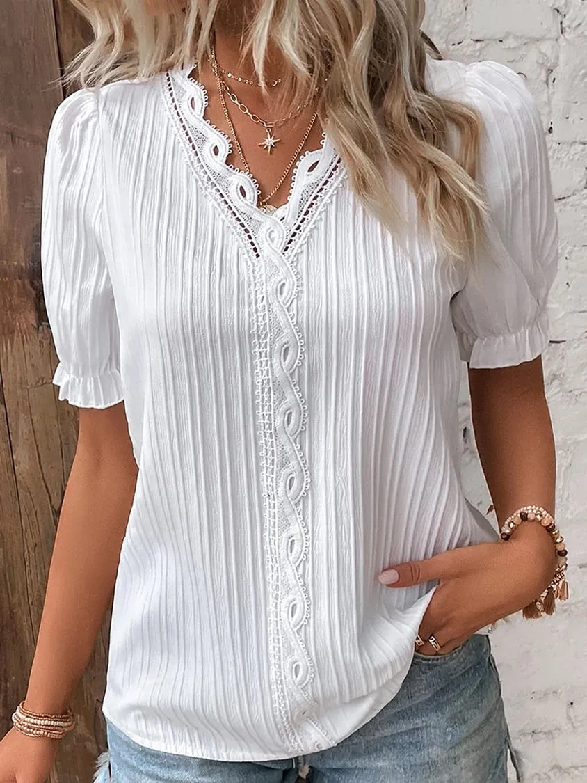 Elis™ V Neck Plain Lace Elegant Shirt