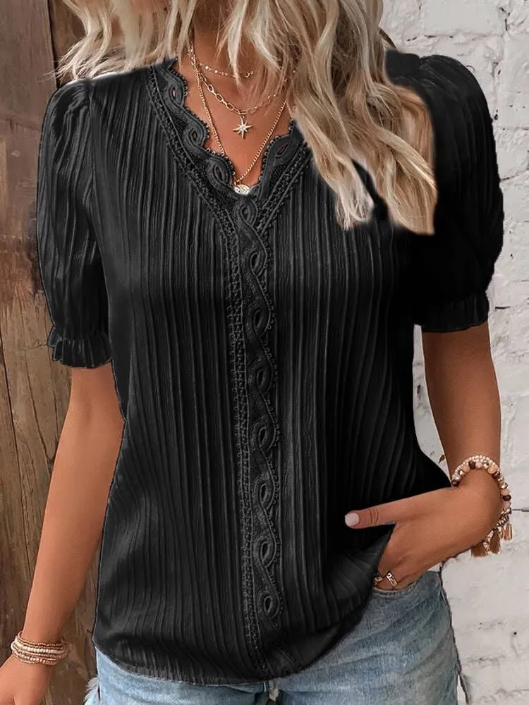 Elis™ V Neck Plain Lace Elegant Shirt