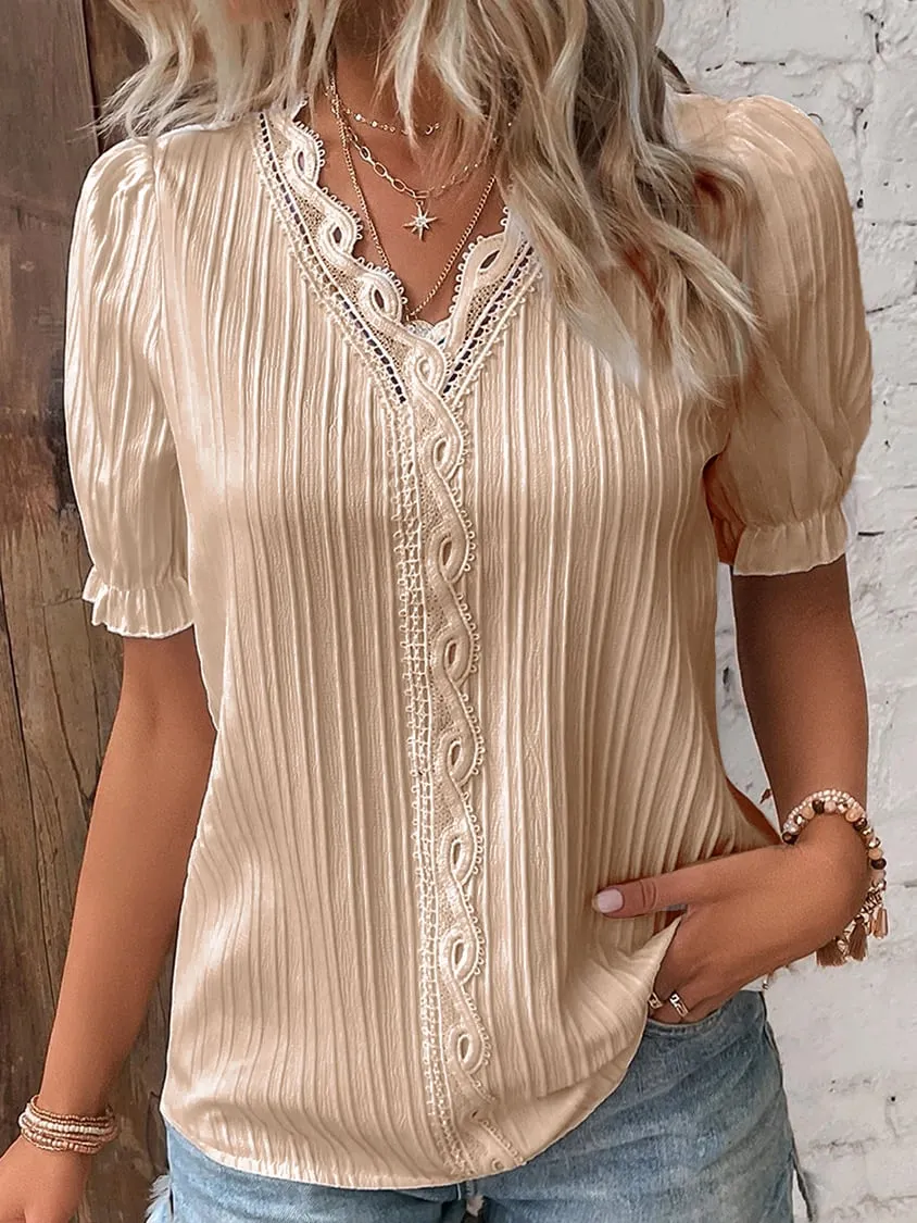 Elis™ V Neck Plain Lace Elegant Shirt