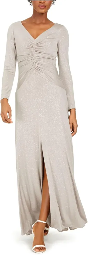 Eliza J Womens Beige Ruched Slitted Glitter Long Sleeve V Neck Full-Length Evening Dress 6