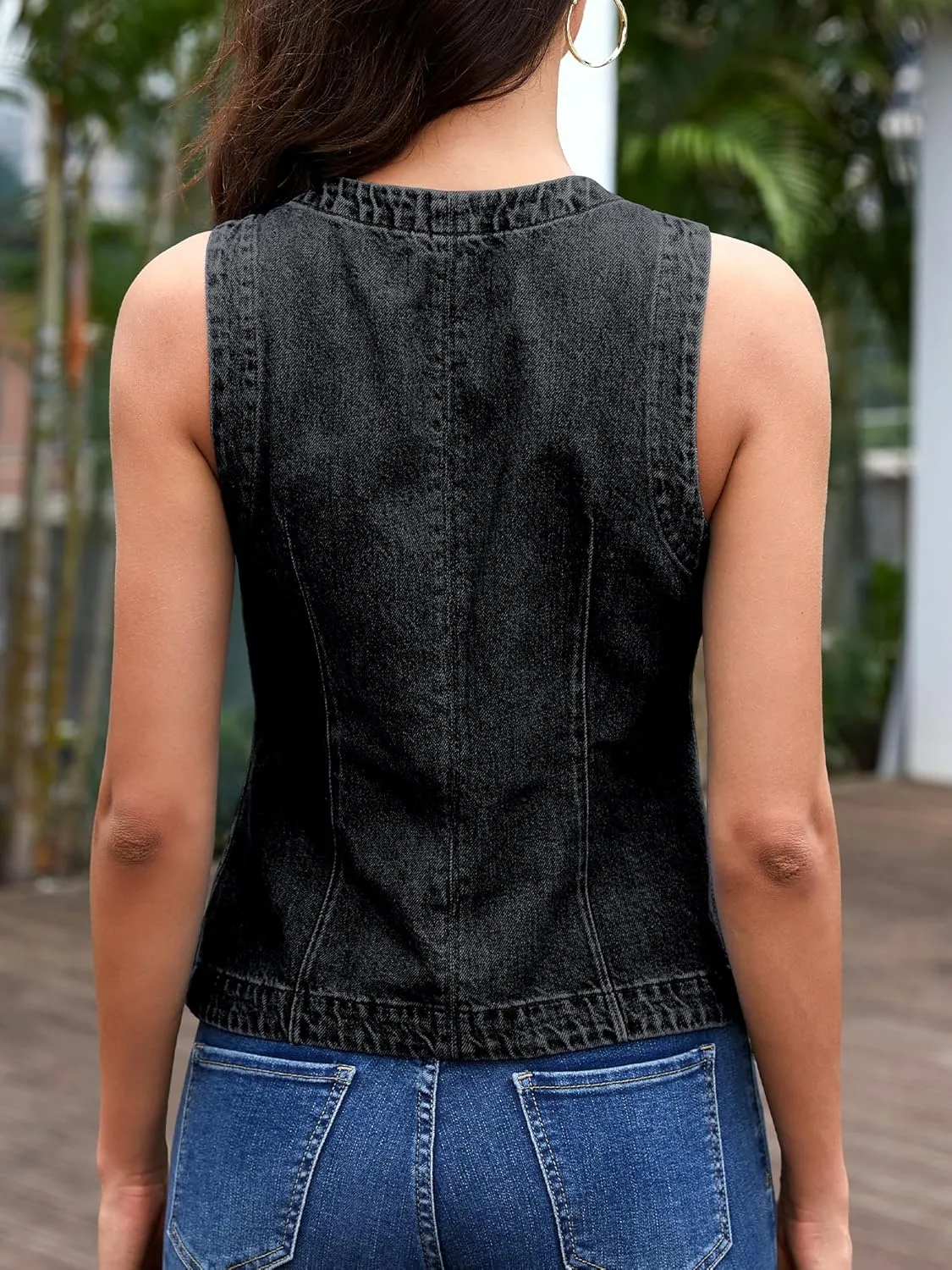 ELLEVEN Women’s Crew Neck Denim Vest Summer, Button Down Fitted Jean Vest Top for Women Casual Outerwear Waistcoat