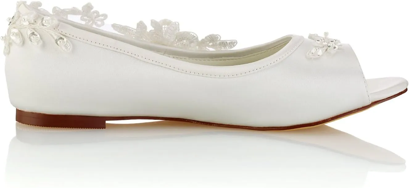 Emily Bridal Wedding Shoes Women's Silk Like Satin Chunky Heel Pumps with Stitching Lace Flower Crystal Pearl