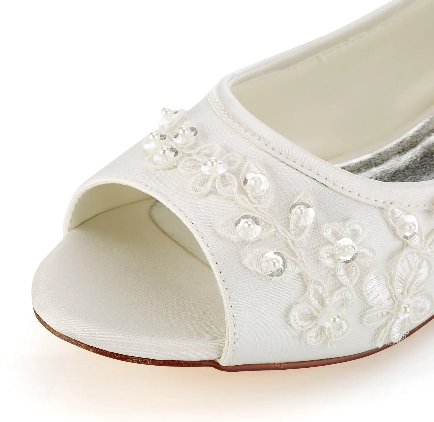 Emily Bridal Wedding Shoes Women's Silk Like Satin Chunky Heel Pumps with Stitching Lace Flower Crystal Pearl