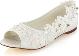 Emily Bridal Wedding Shoes Women's Silk Like Satin Chunky Heel Pumps with Stitching Lace Flower Crystal Pearl