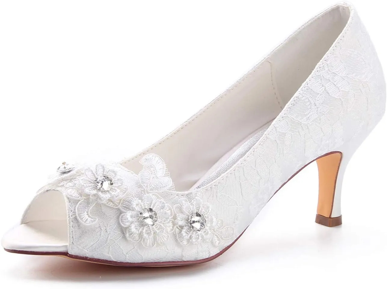 Emily Bridal Wedding Shoes Women's Silk Like Satin Stiletto Heel Closed Toe Pumps with Stitching Lace Flower Crystal